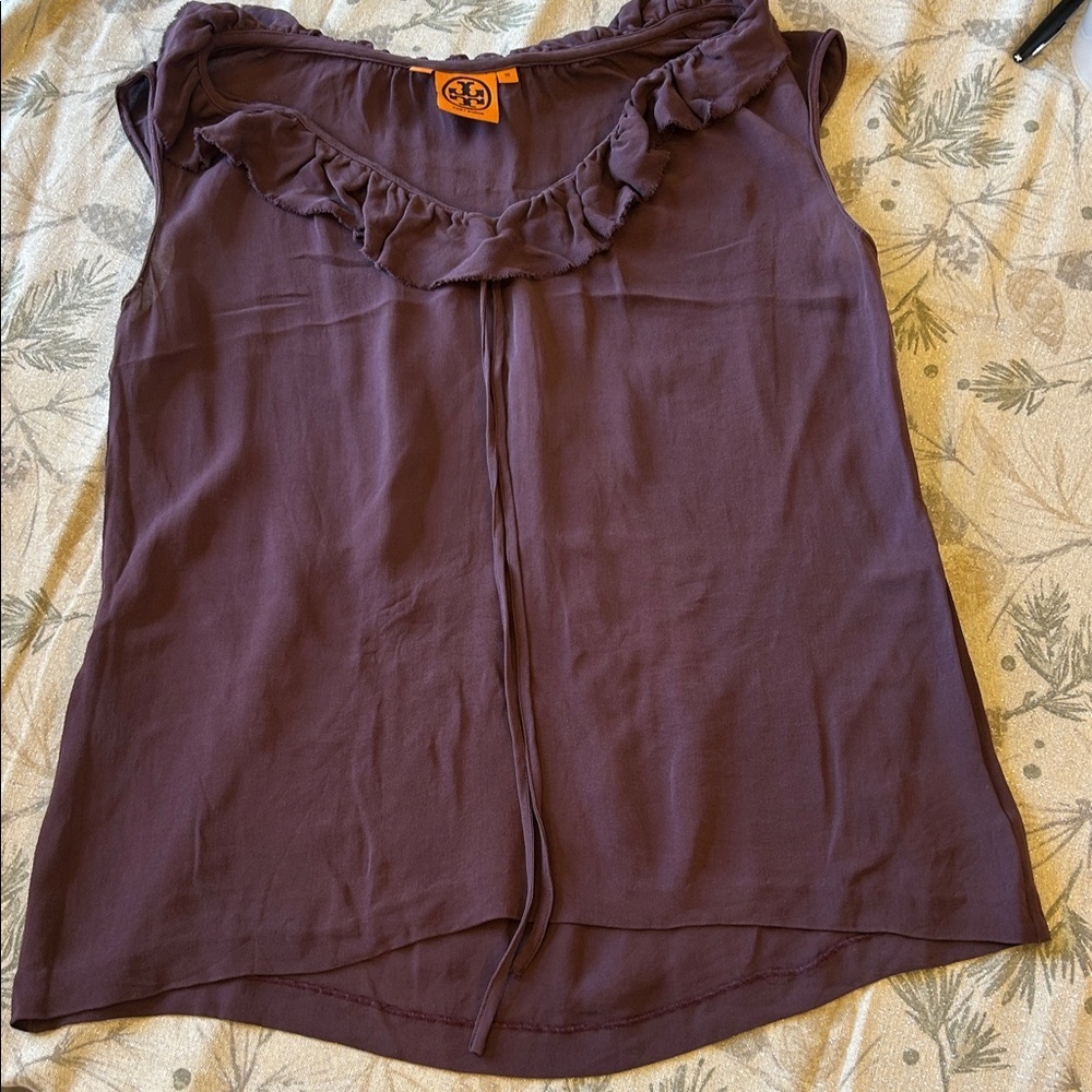Tory Burch Purple Silk Blouse Tank Top Ruffled V Neck with tie Womens Size 10